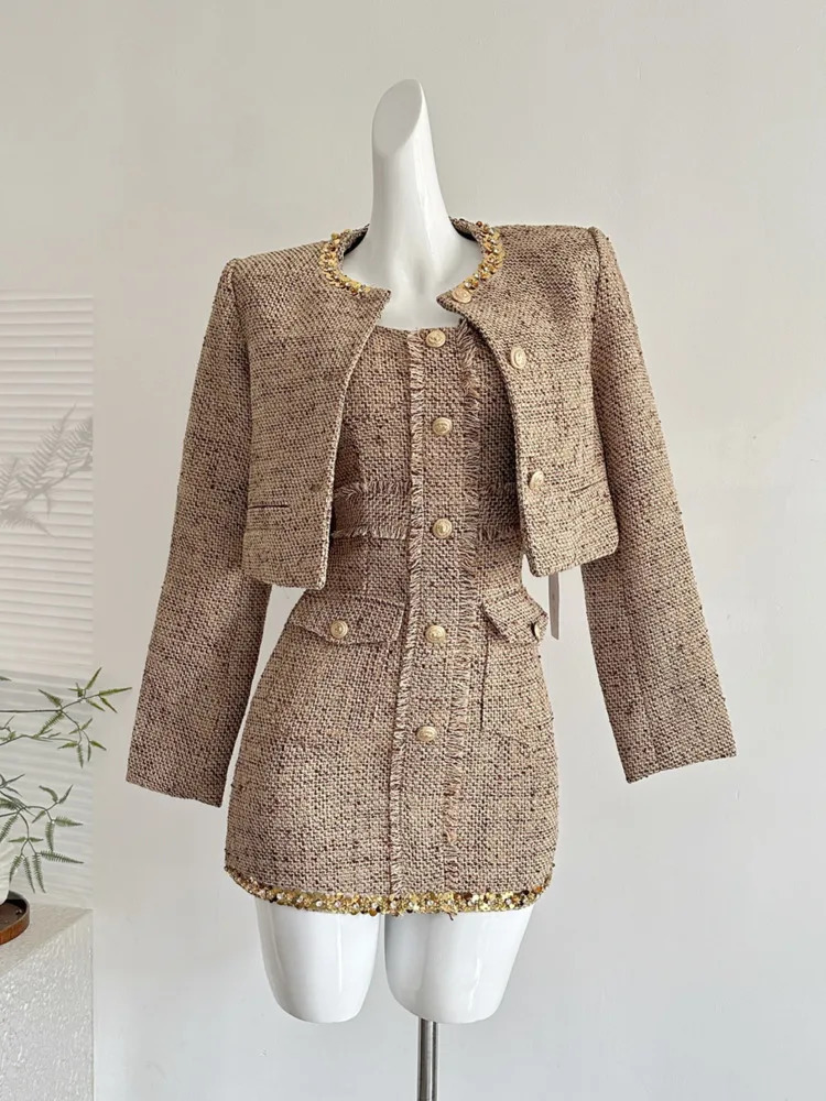 Haute qualité français Vintage petit tweed parfumé 2 pièces ensembles pour femmes mode veste manteau robe costumes dame deux pièces tenue 251203