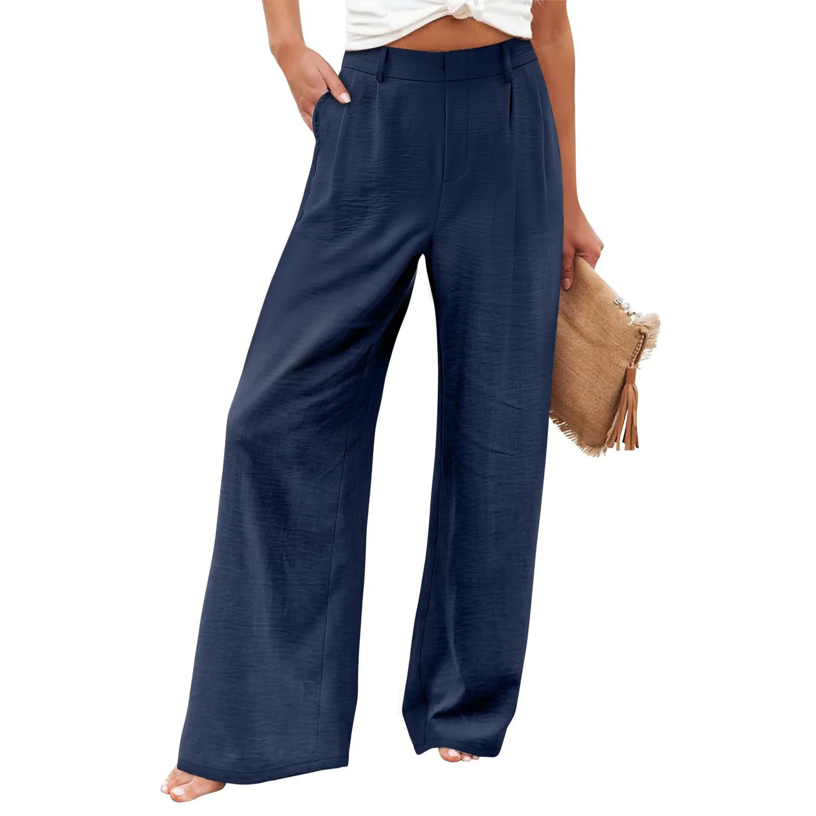 Womens Pants Summer Cotton Linen Wide Leg Pants Full Length Casual Solid Loose High Waist Straight Trousers Women Button Pants 251204