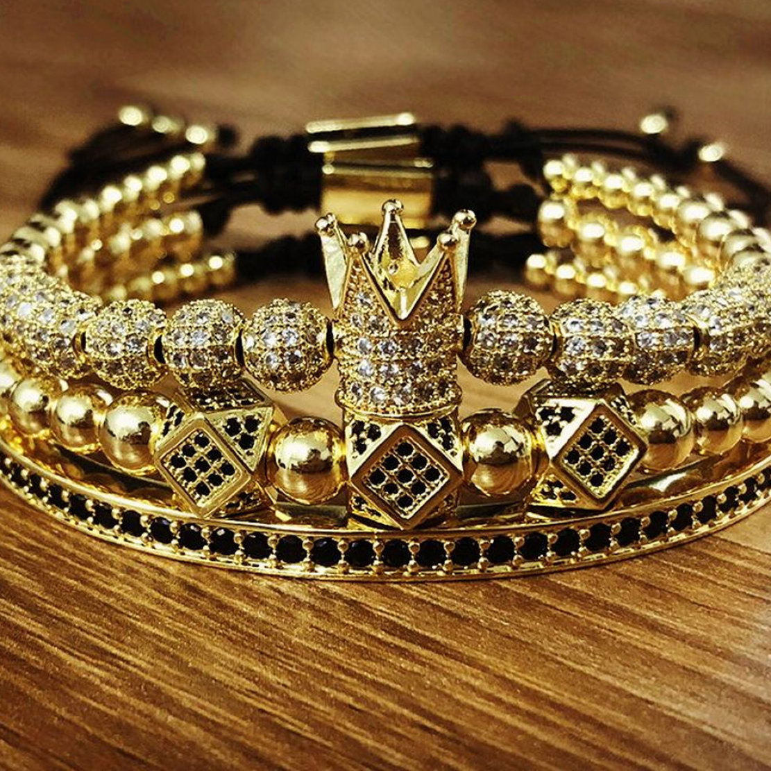 Vente chaude bracelet hommes bijoux diamant bracelet Hip hop 3pcs ensemble bijoux couronne charmes perles macramé tressage homme luxe Noël jour d
