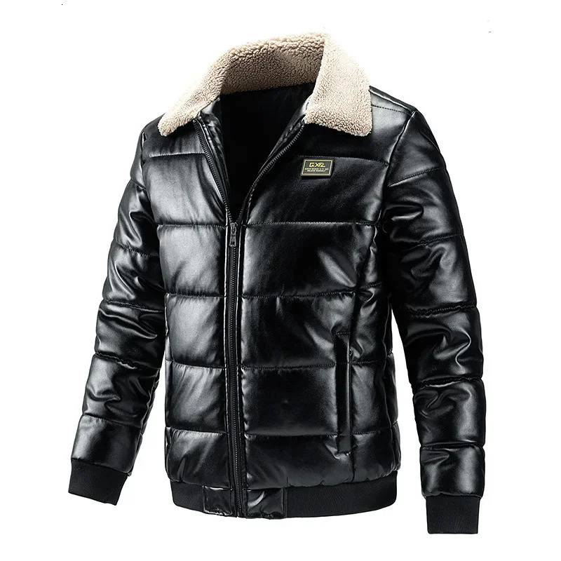 Thickened PU Leather Jacket Mens Lamb Fur Collar Biker Jacket Cotton Coat Motorcycle Style Casual Outerwear Male Jacket 251203