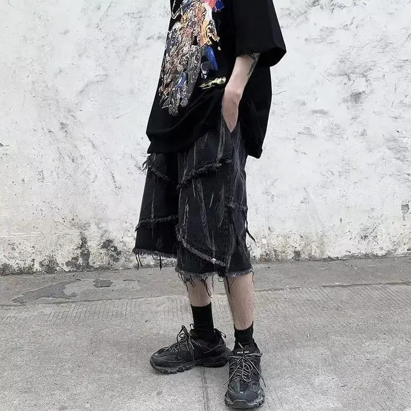 American raw edge denim men shorts summer oversize casual loose knee-high dark cropped pants streetwear men 251205