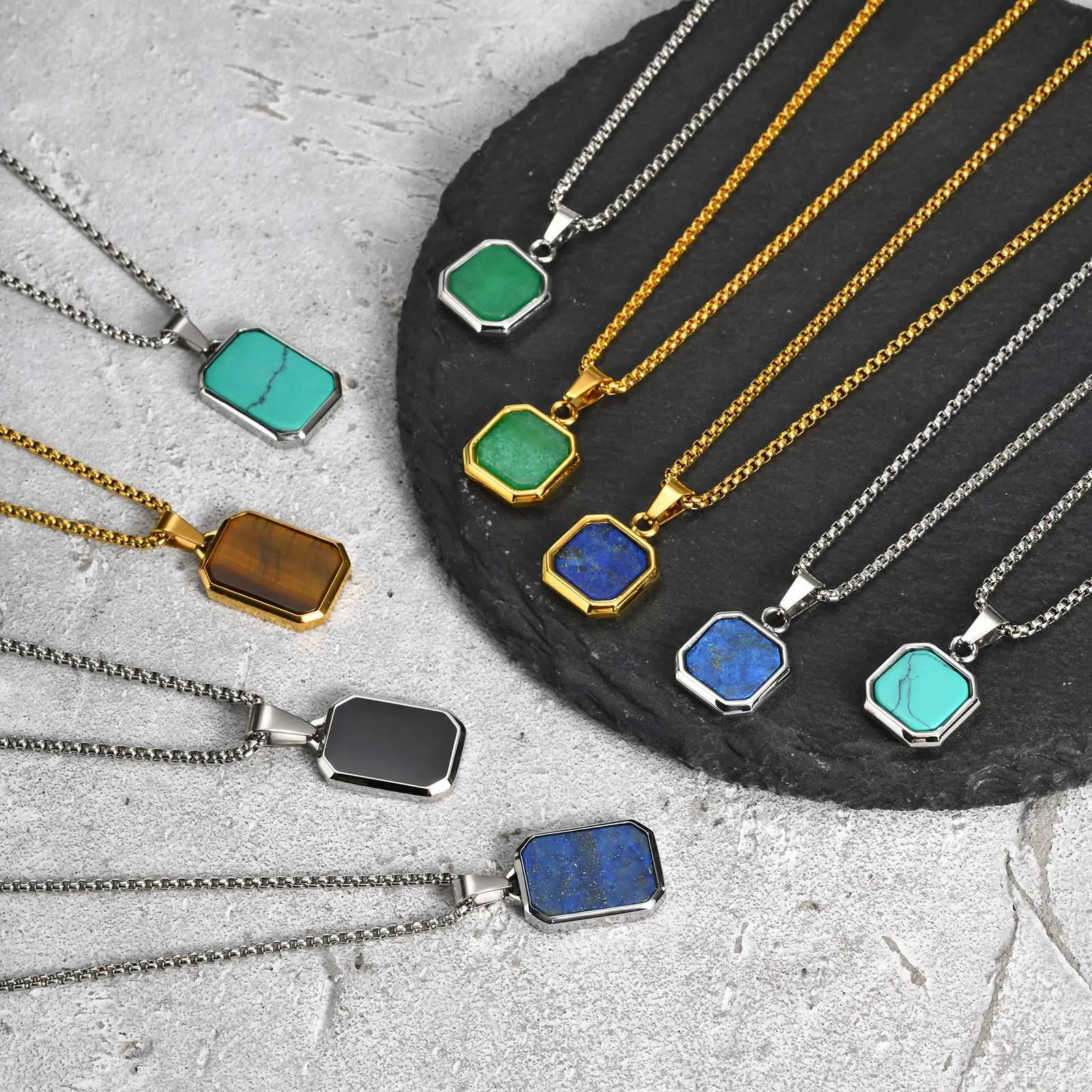 Colliers à pendentif tendance pour hommes, colliers carrés en pierre naturelle en acier inoxydable, hip hop, bijoux de guérison Cool, cadeaux 251