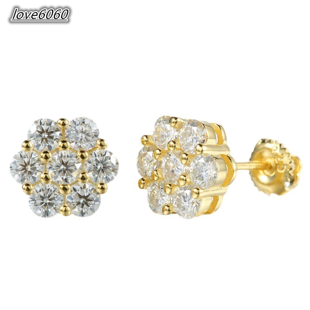Hot Sale Pass Diamond Tester Hip Hop 925 Silver Gold Plated Flower VVS Moissanite Diamond Stud Earrings for Women