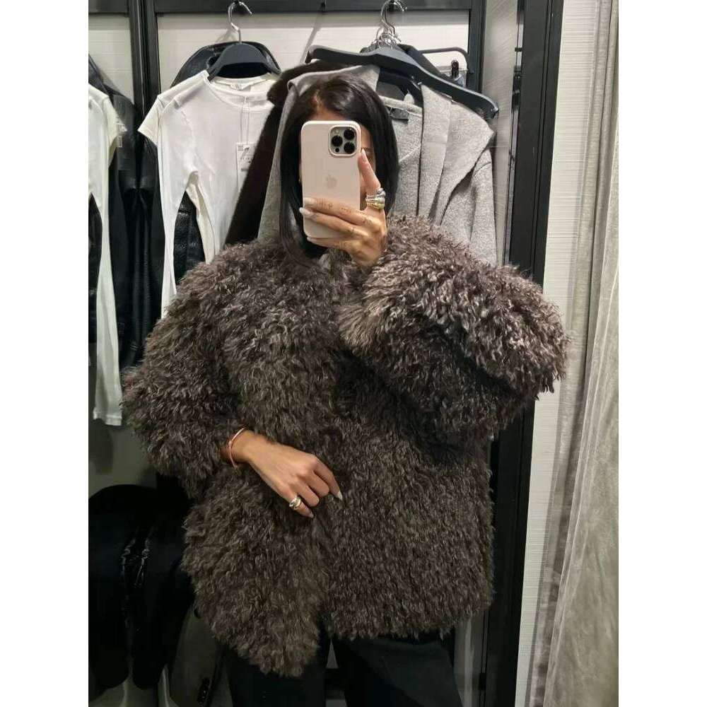 Mode marron fausse fourrure manteau femmes Chic automne hiver chaud moelleux à manches longues col rond veste décontracté Thciken pardessus dame