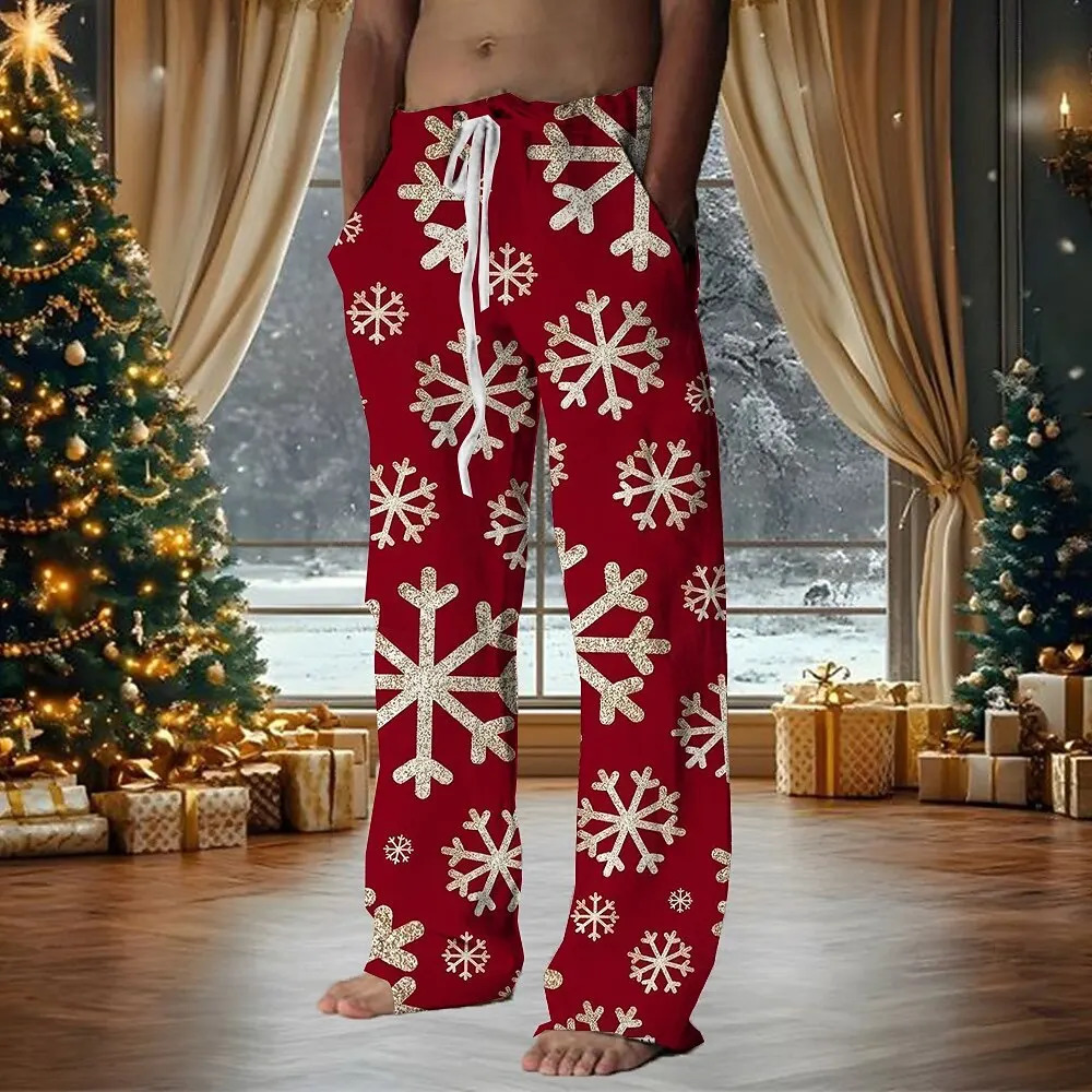 2025 Noël hommes flocon de neige pantalon pantalon cordon taille élastique décontracté fête de vacances jambe droite 251128