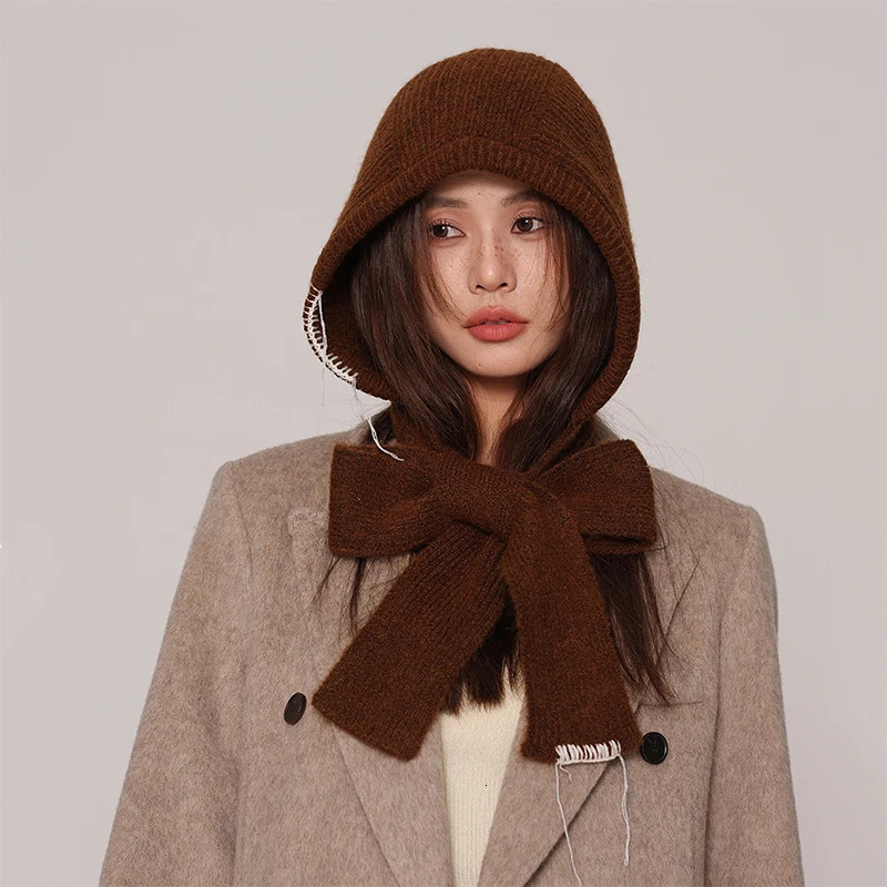 Winter Warm Soft Knitted Hat Shawl Womens 2-in-1 Caps Thicken Earmuff Hood Scarf High Quality Designer Warm Pullover Snood Hat 251204