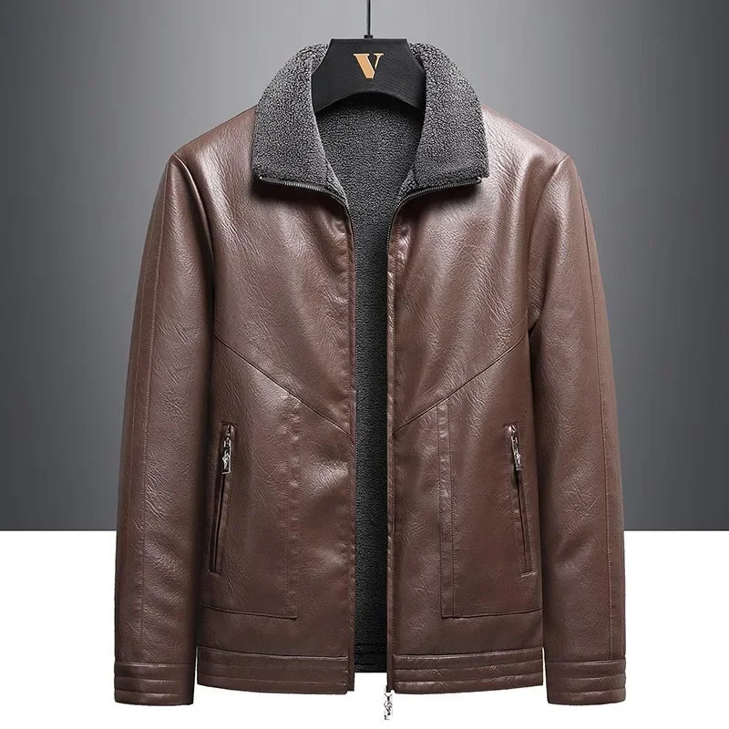 Veste en cuir ample pour hommes, Style automne, vêtements d'extérieur doublés polaire et manteau en cuir mixte, Streetwear décontracté 251203