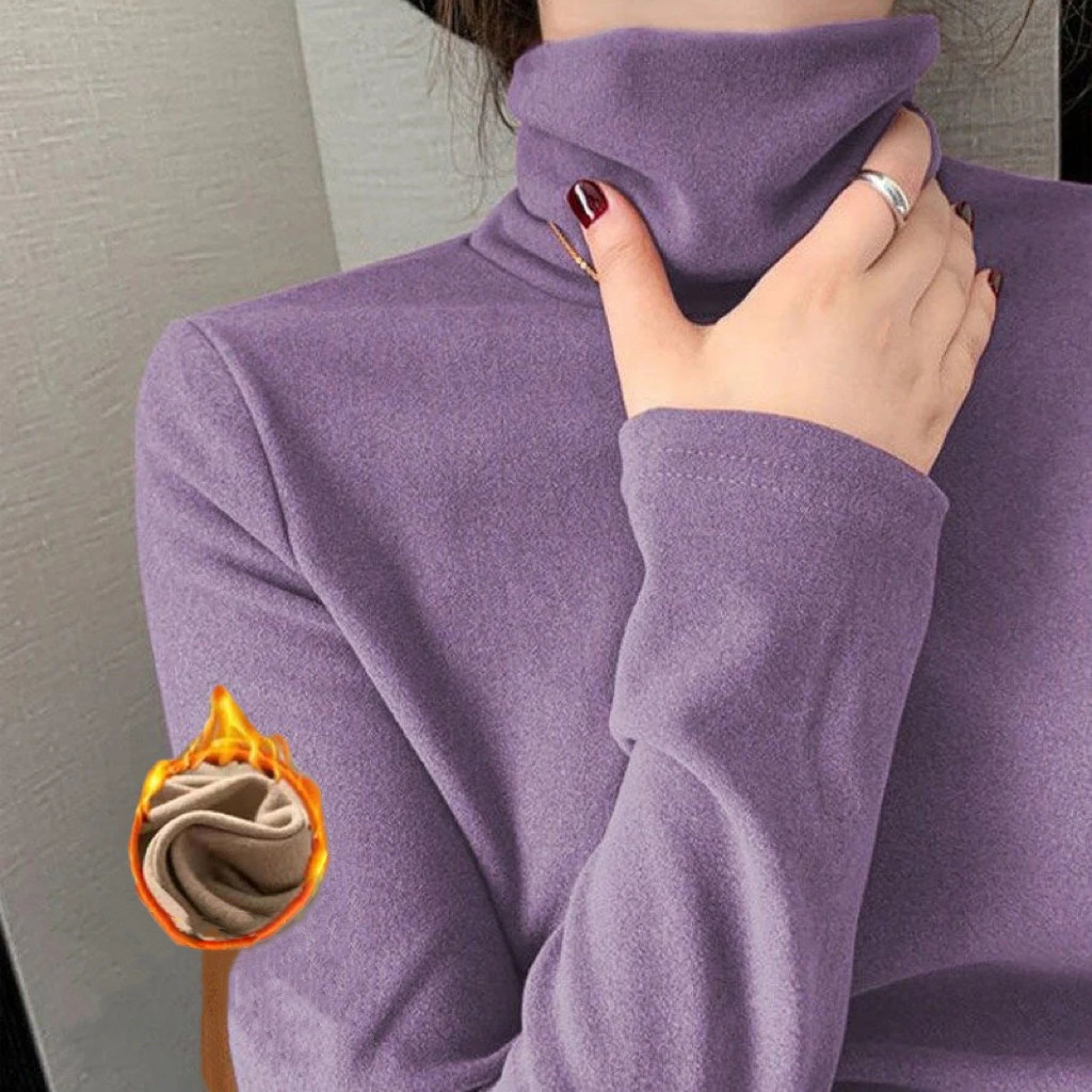 1pcs Women Autumn Winter Thickening Warm Long-sleeved T-shirt Pile Collar Thermal Underwear Fashion High Collar Slim Thermal Top 251202