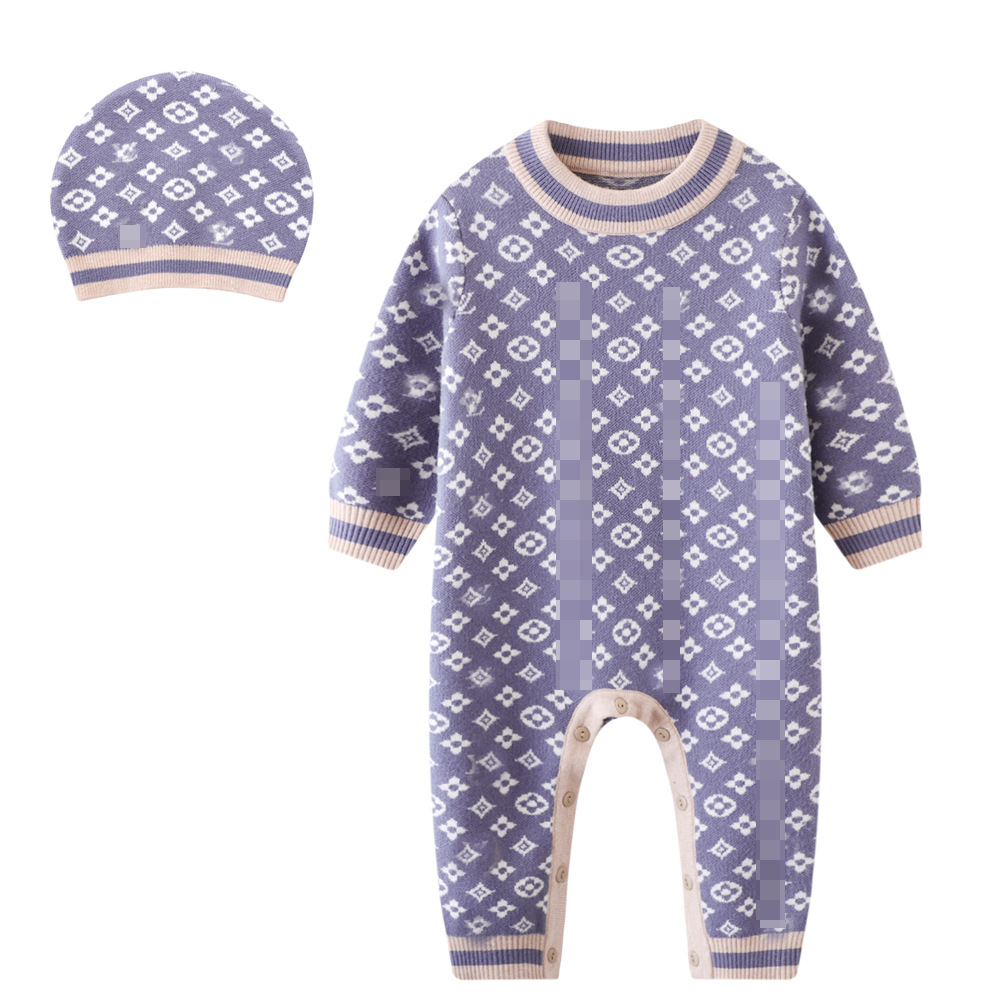 Pull d'automne et d'hiver, barboteuse tricotée pour bébé, ensemble de chapeaux, combinaison classique avec lettres, vêtements de styliste pour bé