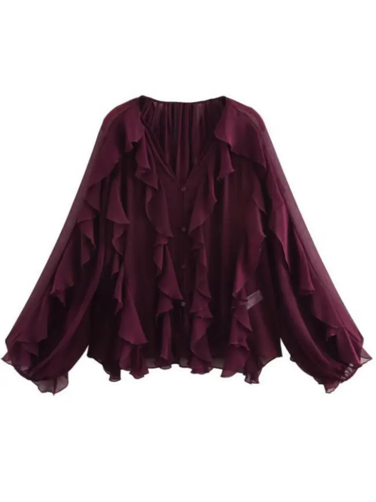 Office Lady Vintage V-neck Translucent Tierred Ruffles Blouses 2025 Summer Chic Womens Elegant Loose Long Sleeve Layered Shirts 251205