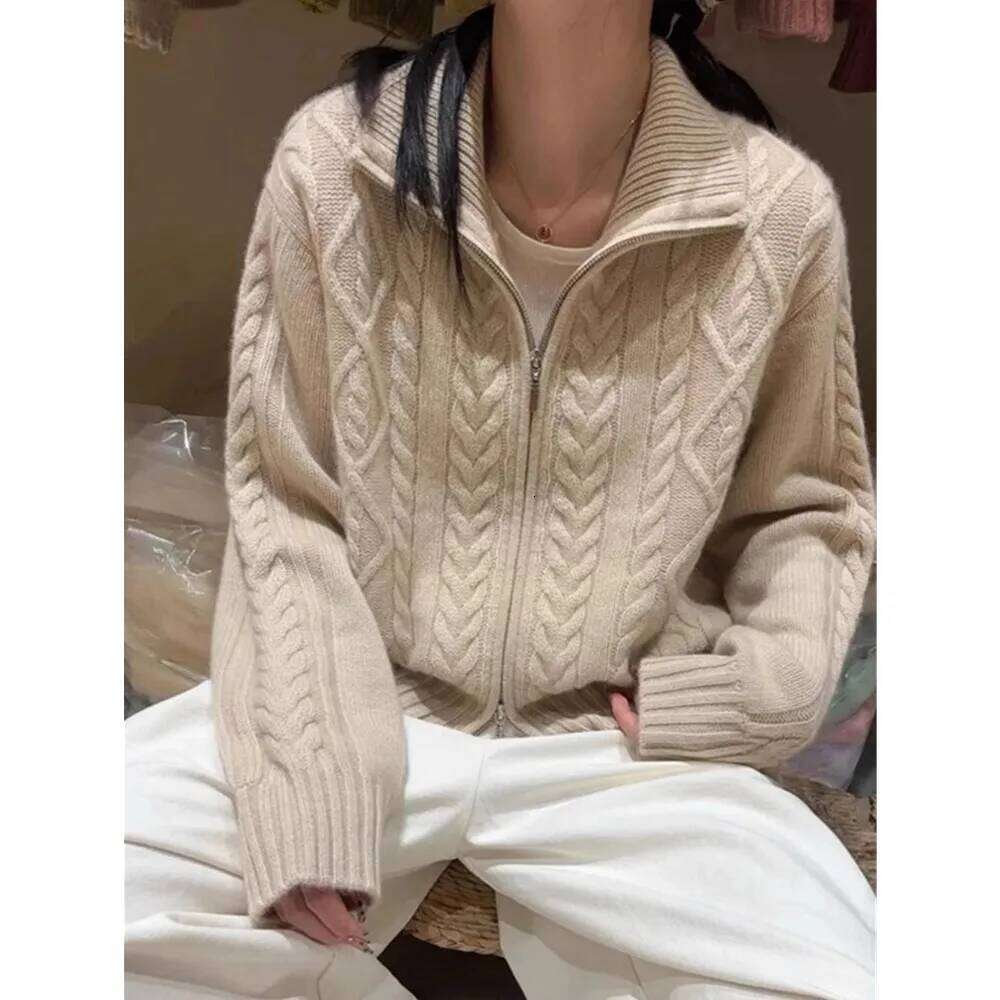 100%Cashmere Cardigan Women High Neck Loose Soft For Autumn And Winter Wool Knitted Sweater Thickened Coat