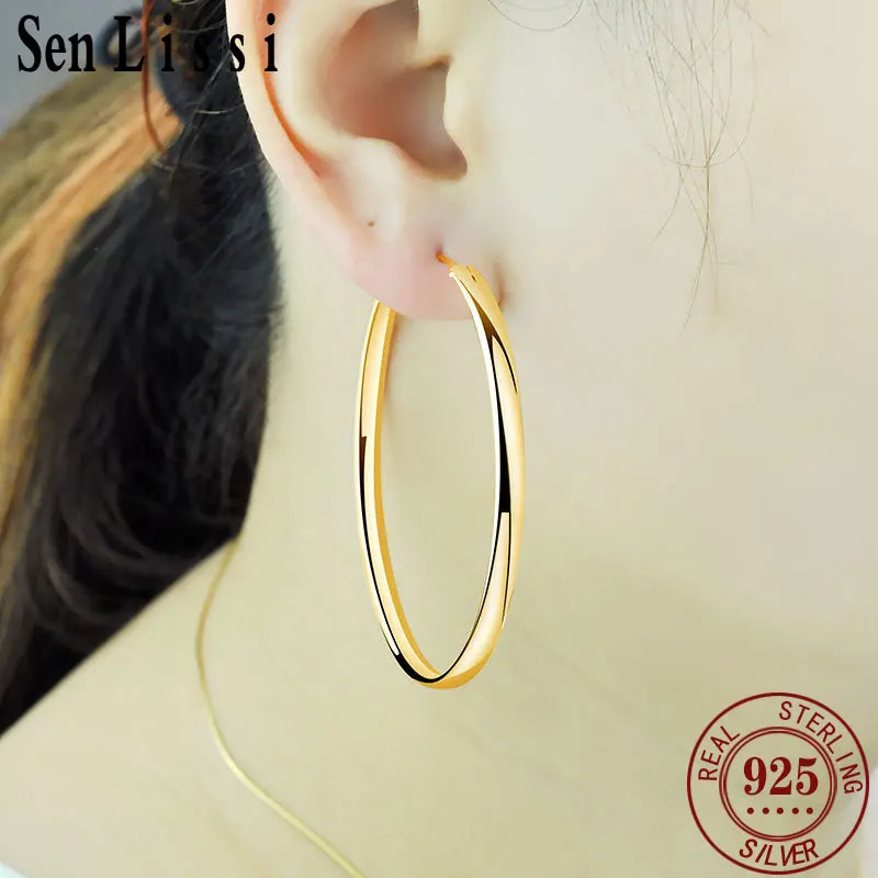 Senlissi - Gold Plated Hoop Earrings For Women 925 Sterling Silver 30mm Fashion Earring C K 3/4/5/6/7CM 251201