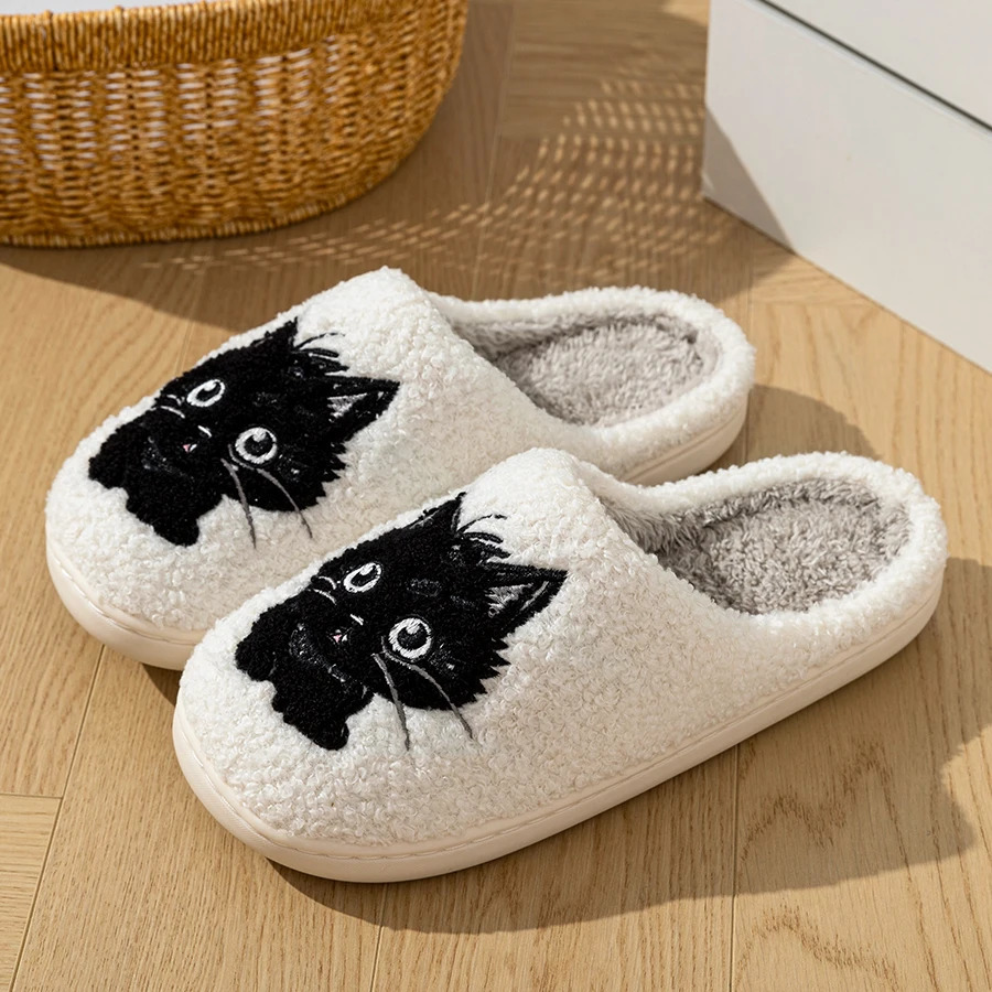 Winter Womens Slippers Indoor Cartoon Black Cat Cute Girls Slipper Bedroom Anti-slip Soft Sole Comfortable Cotton Homeshoes251203