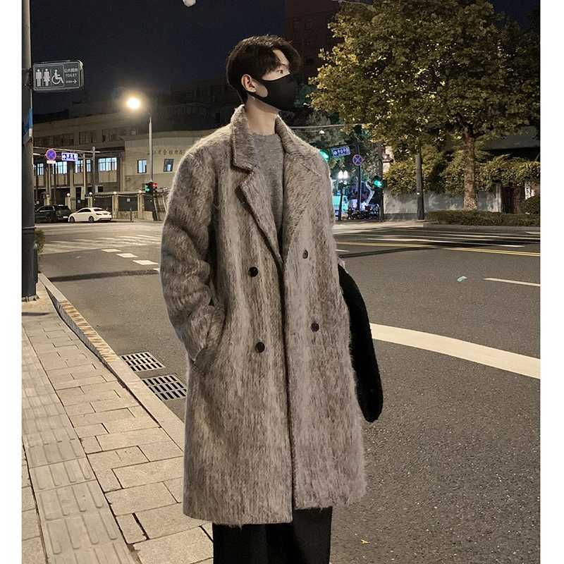 Korean Style Medium-length Mens Trench Autumn Winter Loose Casual Woolen Coat Trendy Overcoat Khaki/Dark Gray M251208