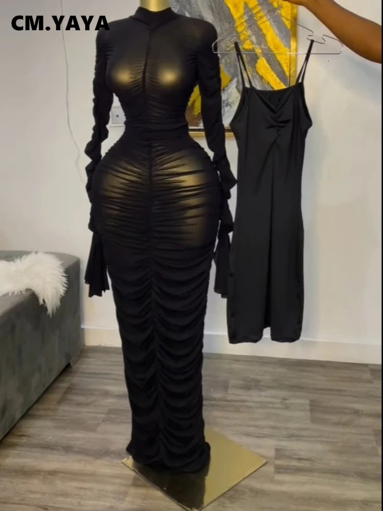CMYAYA Donna Flare Manica lunga Impilata Maglia increspata Vedere Anche se con Abito dal carro armato Maxi Abito lungo 2025 Abiti da festa sexy di c