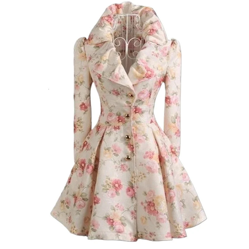 Spring Autumn Women Trench Flower Coat Medium and Long Windbreaker with Large Collar Womens Clothing 251204