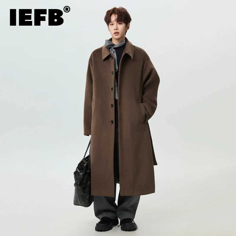 IEFB Niche Design Mens Woolen Coats Turn-down Collar Plaid Pathwork Contrast Color Single Breasted Belt Male Overcoats 9X1720 M251208