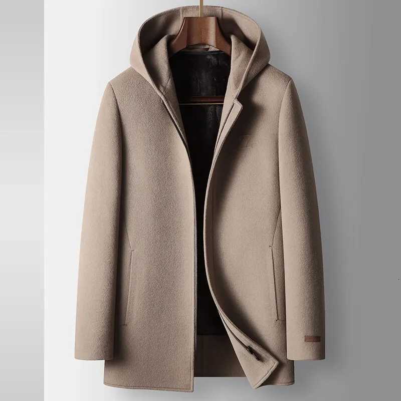 2024 Winter New Mens Hooded Medium to Long Woolen Coat with Thick Velvet for Warmth and Leisure High end Fabric 100 Pure Wool M251208