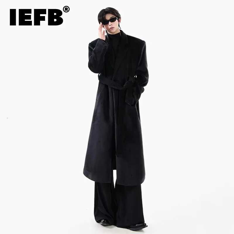 IEFB Korean Style Mens Woolen Coats Solid Color Single Button Belts Design Overknee Loose Pocket Male Overcoats Simple 9X618 M251208