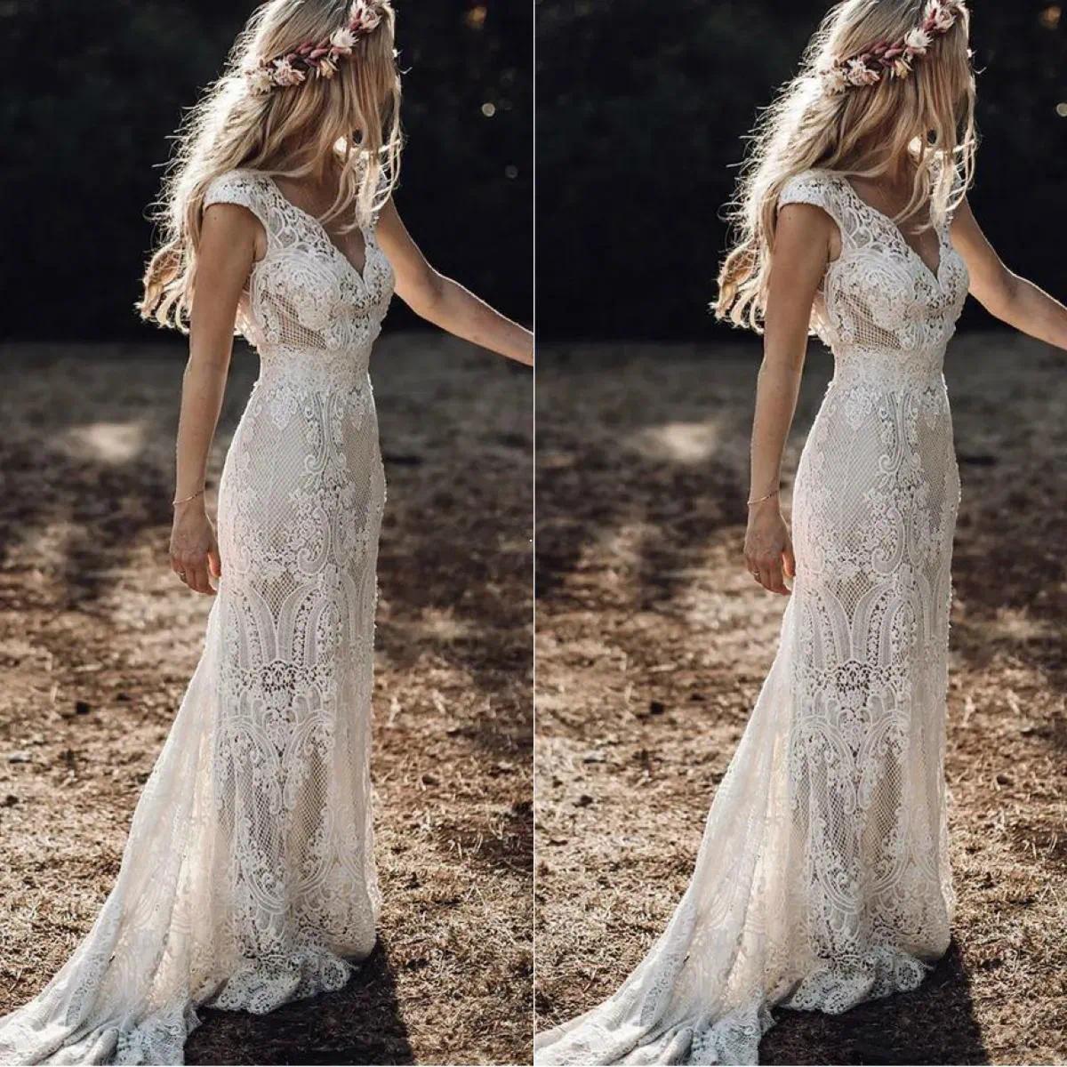 Vintage Berta Full Lace Mermaid Wedding Dresses V Neck Cap Sleeve Bridal Gowns Bohemian Beach Garden Custom Made vestido de novia
