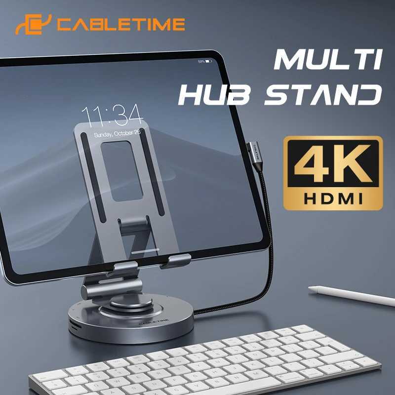CABLETIME 8 in 1 Mti USB C Hub to 4K60Hz 360 Rotating St00W 5Gbps Transfer SD TF Reader for Tablet iPad Pro Air C441 C251208-image-1087683660
