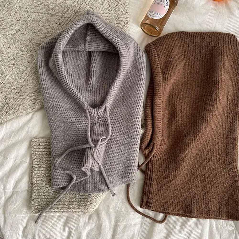 Outdoor Winter Caps Trendy Balaclava Hats Durable Hooded Knitted Ear Protection Drawstring Solid Color Decor Warm Hat 251203