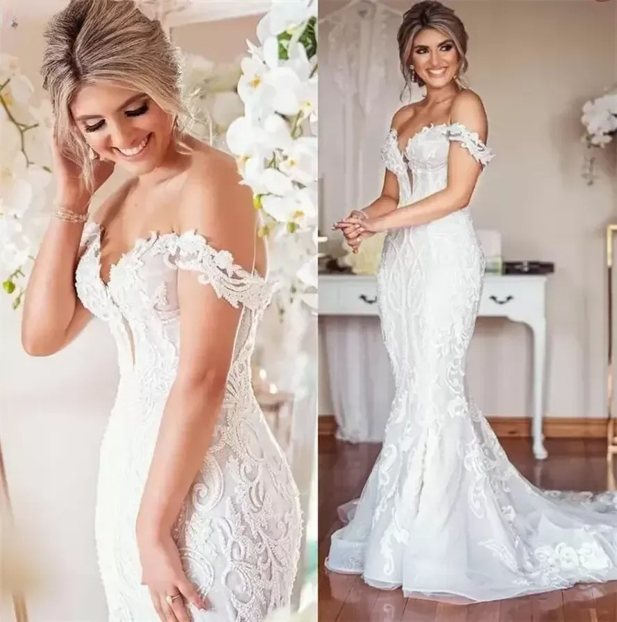 Lace Mermaid Bridal Dress: Elegant Off-The-Shoulder Wedding Gown with Appliqued Details, Plus Size Available