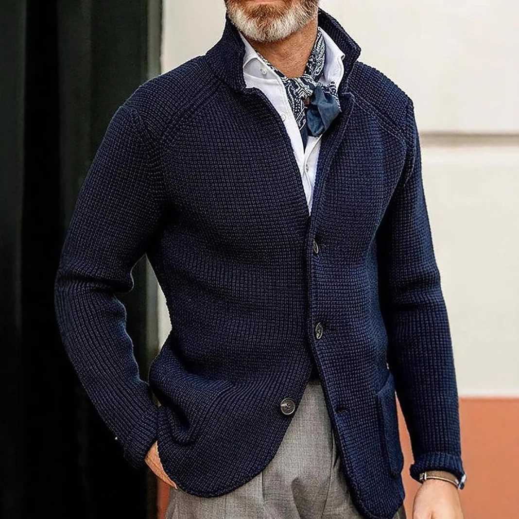Mens woolen coat European fashion casual button high collar long-sleeved solid-color knitted outerwear coat mens clothing M251208