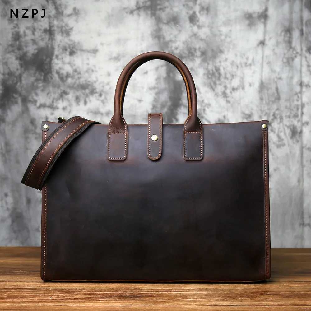 NZPJ Vintage Genuine Leather Mens Briefcase Natural Cowhide Handbag Crazy Horse Leather Computer Bag Casual Crossbody Z251208