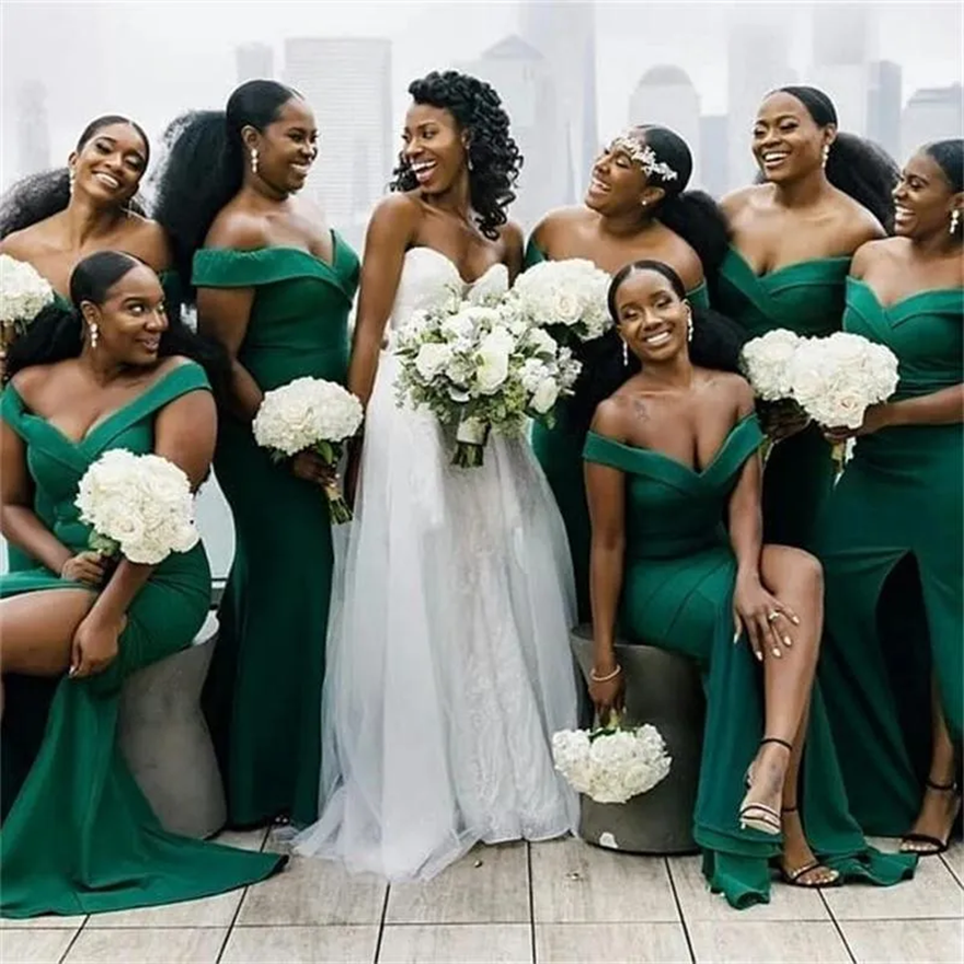 Off Shoulder Green Bridesmaid Dresses Plus Size African Side Split Maid of Honor Dress Customise Prom Gowns Cheap ER5001