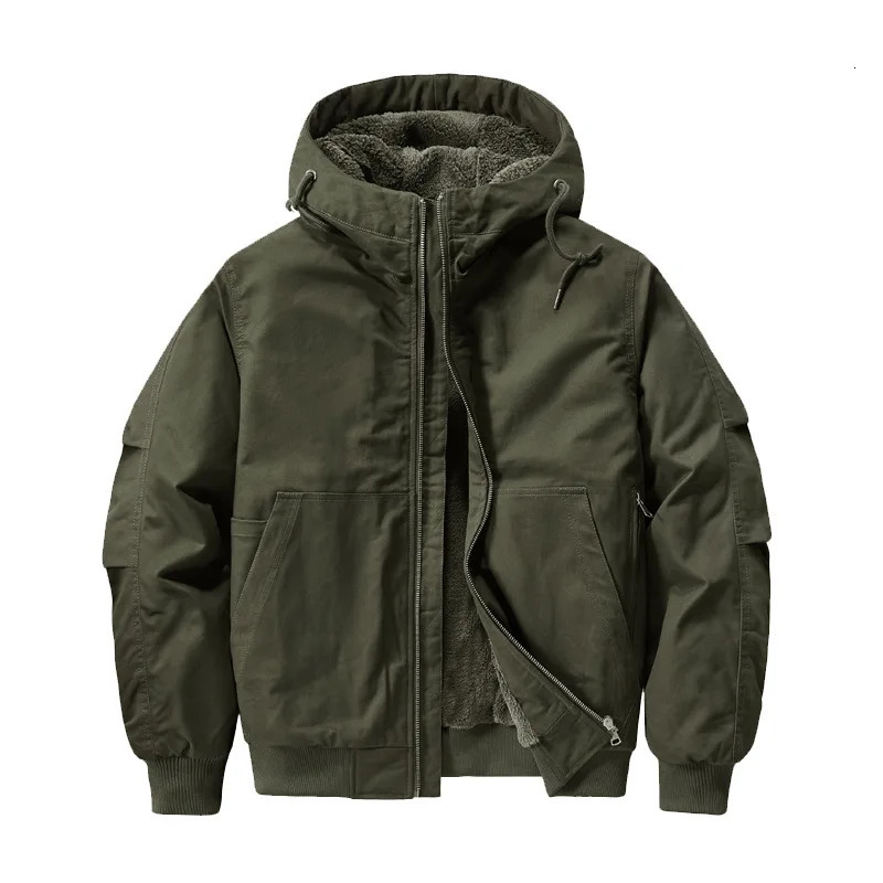 Mens Thickened Cotton Jacket Winter Warm Velvet Lined Workwear Flight Short Hooded Plus Size Casual Outerwear for Men Plus Size 251205