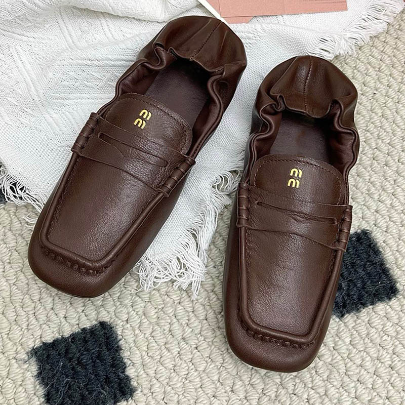 Mocassins en cuir nappa Ruches pour femmes, chaussures de Ballet de luxe, polyvalentes, à la mode, décontractées