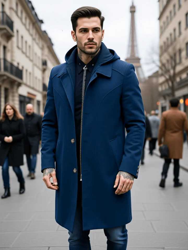 Mens Autumn/Winter Thickened Zip-Front Trench Coat Warm Fashionable Simple Business Style for Commuting and Daily Wear M251208