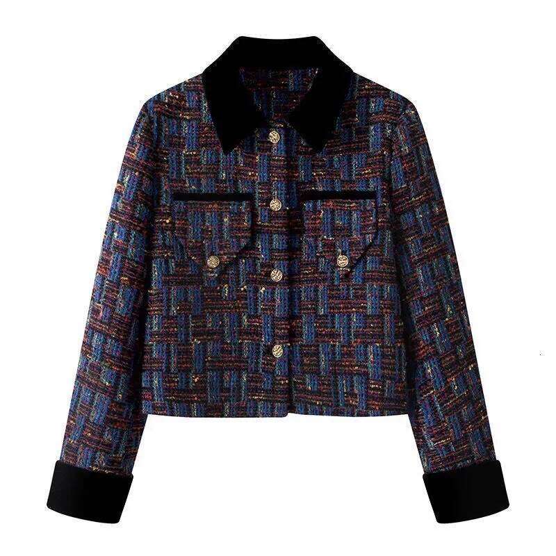 Vintage Cropped Tweed Jacket Women Elegant Blazers Korean Patchwork Short Suit Coats Streetwear Single Breasted Chic Outerwear