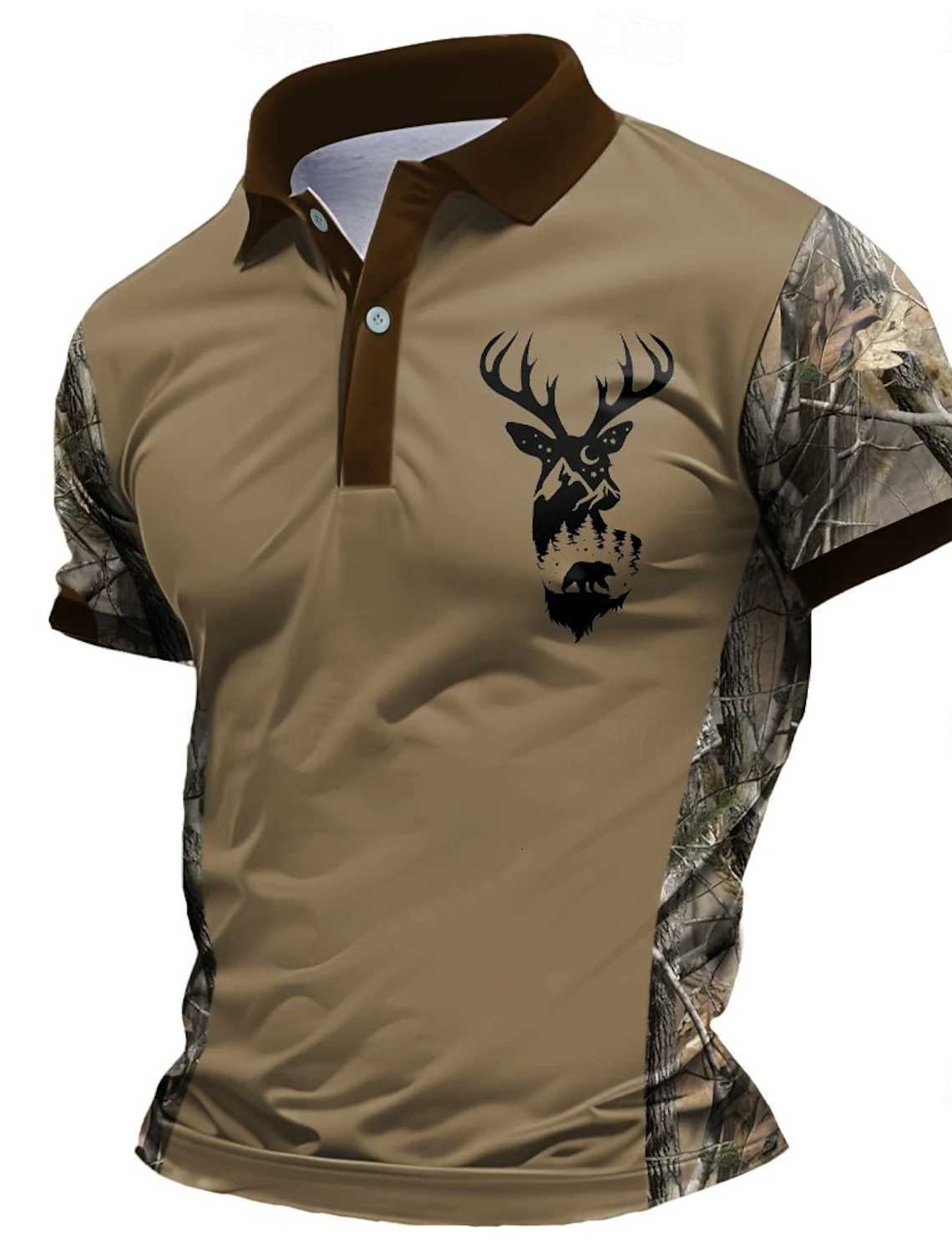 Mens Casual Deer Head Print Short-Sleeved Buttoned Polo Shirt Spring Summer and Autumn Fashionable Polo Shirt Suitable for Goi W251208