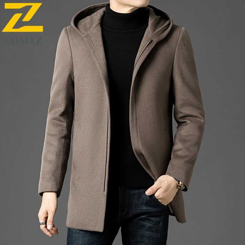 COMXZ Men Winter long Wool Coat 2025 Designer Cashmere Trench Man White Duck Down Lining Hooded Jacket Woolen Overcoat M251208
