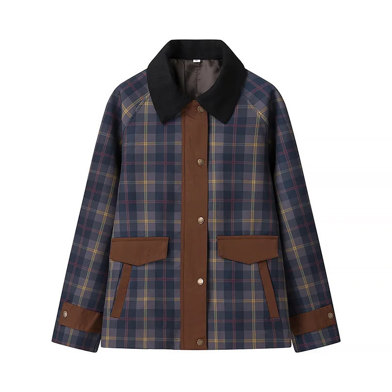 Spring 2025 Womens Casual Plaid Stand Collar Jacket Fashion Street Style Comfortable Polyester Fabric Long Sleeve Zipper Clo251205
