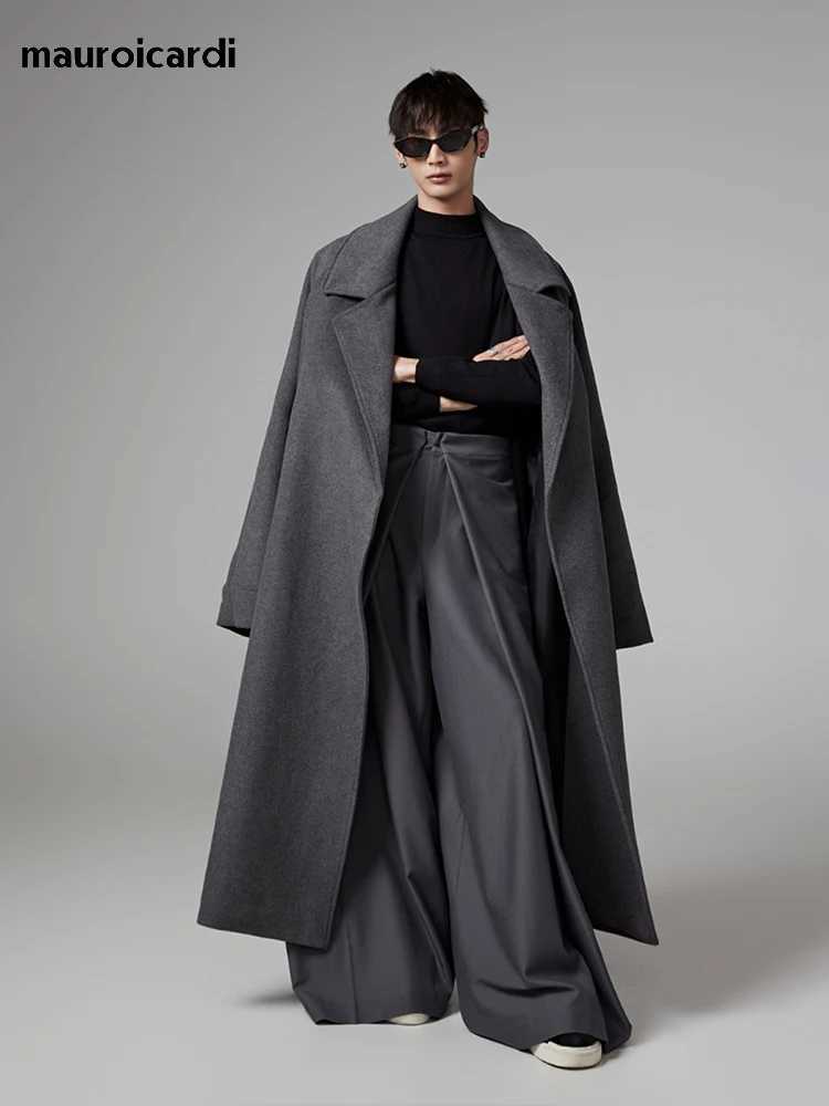 Mauroicardi Autumn Winter Oversized Extra Long Warm Gray Wool Blends Coat Men Sashes Raglan Sleeve Woolen Overcoat 2024 M251208