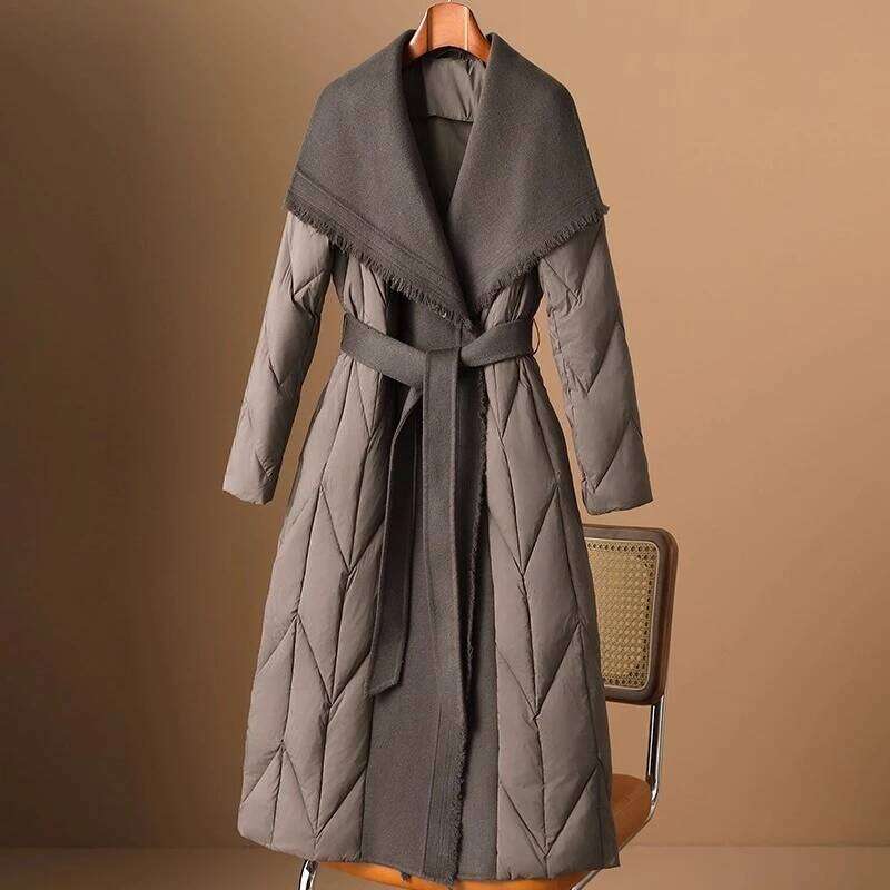 White Duck Coat Wool Patchwork 2025 Down For Women Autumn Winter New Fashion Style Long Puffer Jacket Lady Feather
