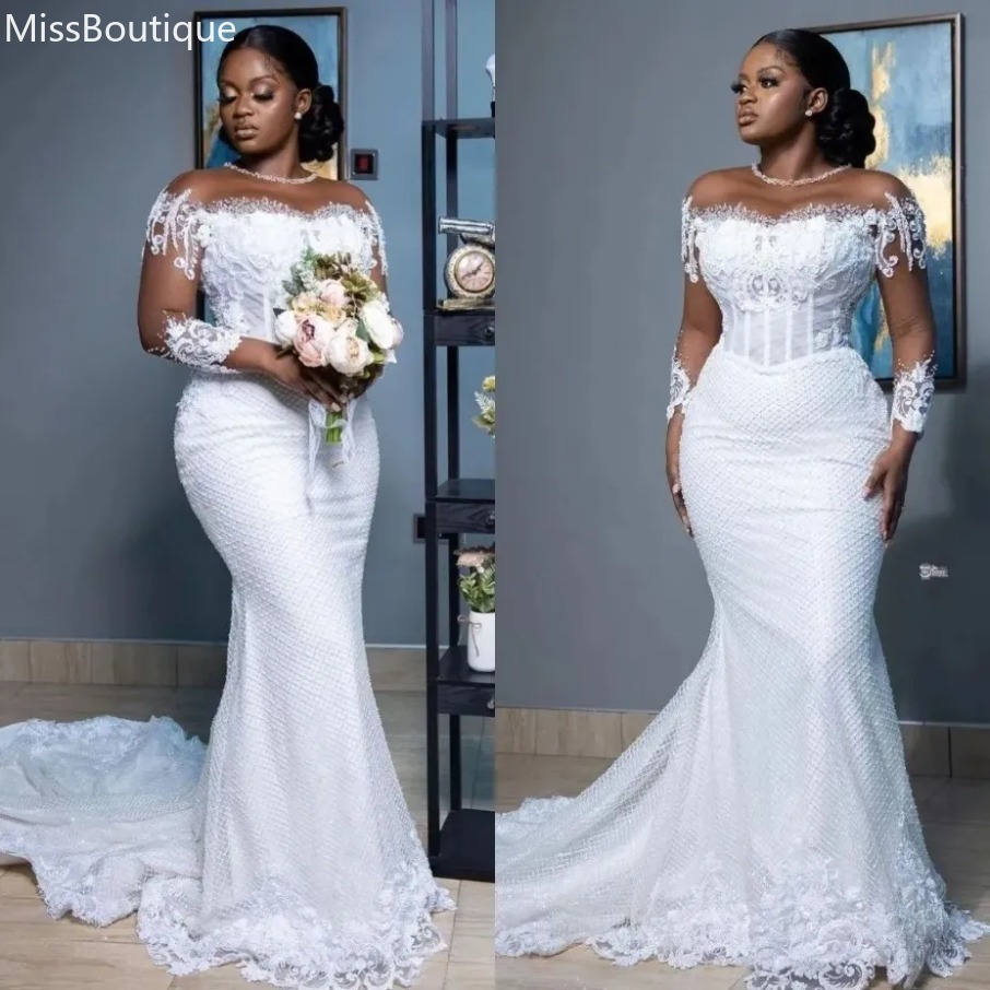 Beading Mermaid wedding dress for bride Elegant Sheer Long Sleeved African Bridal Gowns Lace Country Dress Second Reception Gown Plus Size 1208