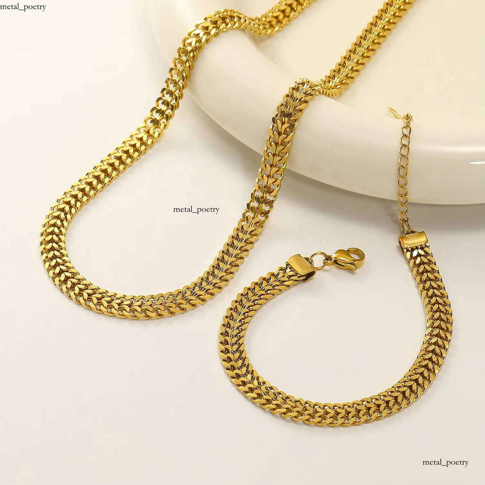 Matte Fashion Jewelry 18k Gold Plated Sterling Silver Double Cuban Flat Chain Necklace Bracelet Set for Women