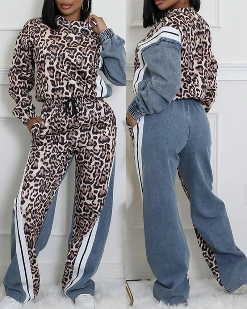 Fashion Womens Two-Piece Set Leopard Pattern Stripe Print Long Sleeve Pullover Drawstring Denim Pants Casual Pants Set 251129