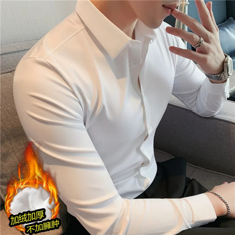 Thickened Fleece-lined High Quality Seamless Adhesive Elastic Shirt Mens Long Sleeve White Shirt Business Leisure Warm Top 251205