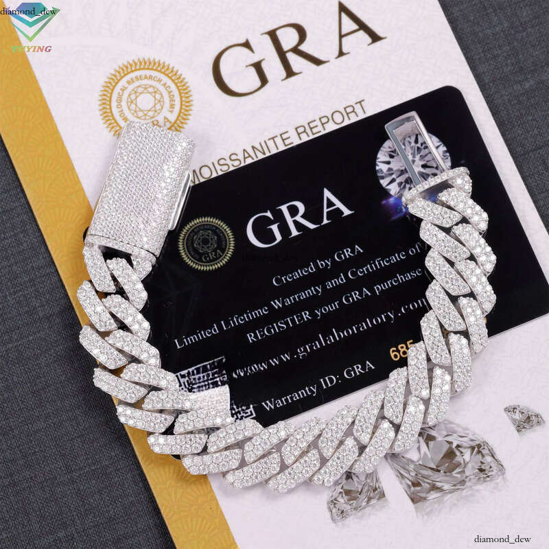 Hip Hop Jewelry 2 Rows 15mm Wide S925 Silver VVS Chrysolite Iced Out VVS Moissanite Cuban Chain Bracelet