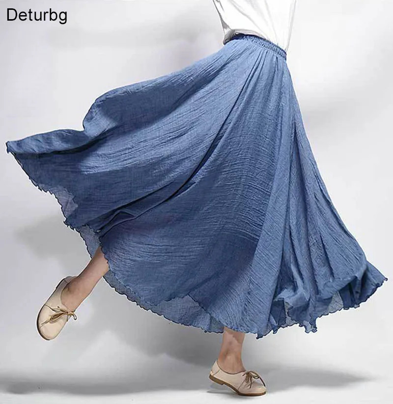 Womens Elegant High Waist Linen Maxi Skirt Summer Ladies Casual Elastic Waist 2 Layers Skirts saia feminina 20 Colors SK53 251205