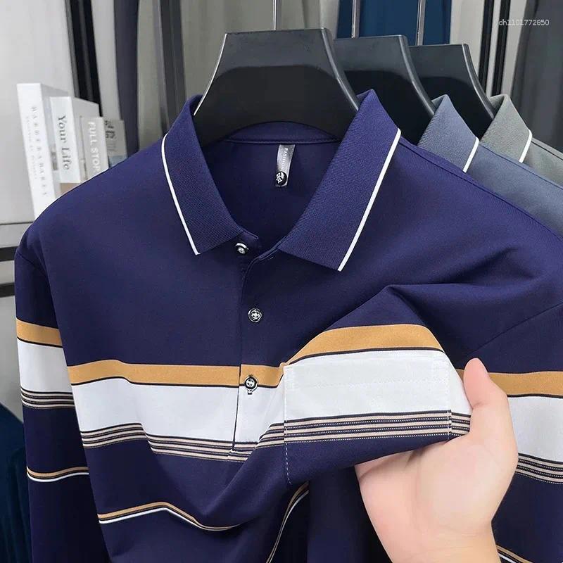 Men's Polos Light Luxury Striped Long Sleeve Polo Shirt High-quality Middle-aged Business Casual Fashion Pocket Design Lapel T-shirt