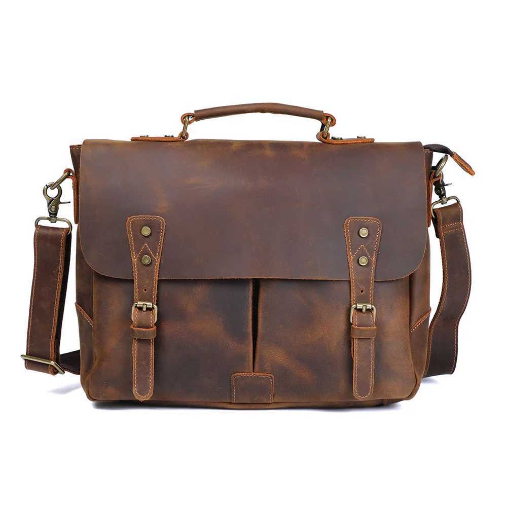 SWORKER Vintage Genuine Leather Mens Briefcase 14 Laptop Messenger Bag Crazy Horse Cowhide Casual Shoulder Bag Handbags Z251208
