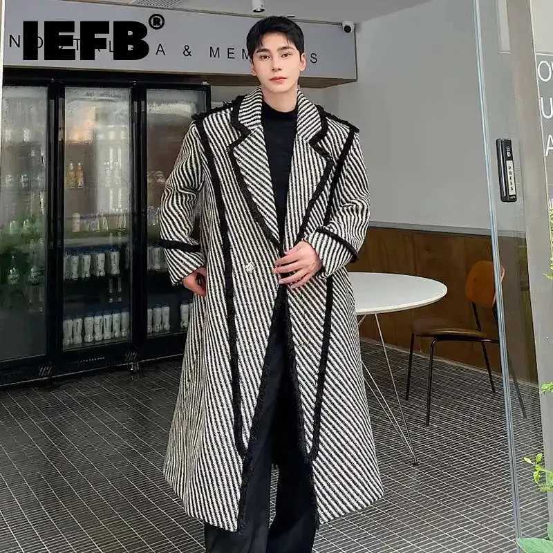 IEFB Winter Mens Woolen Long Coat Thickened Weave Twill Lapel Wool OverCoat Korean Style Windbreaker Trend Autumn New 9C3302 M251208