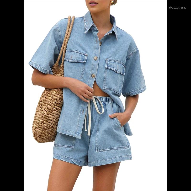 Women's Tracksuits CYL-Women's Denim 2 Piece Outfits Short Sleeve Button Down Shirt Drawstring Shorts Set Casual Jean