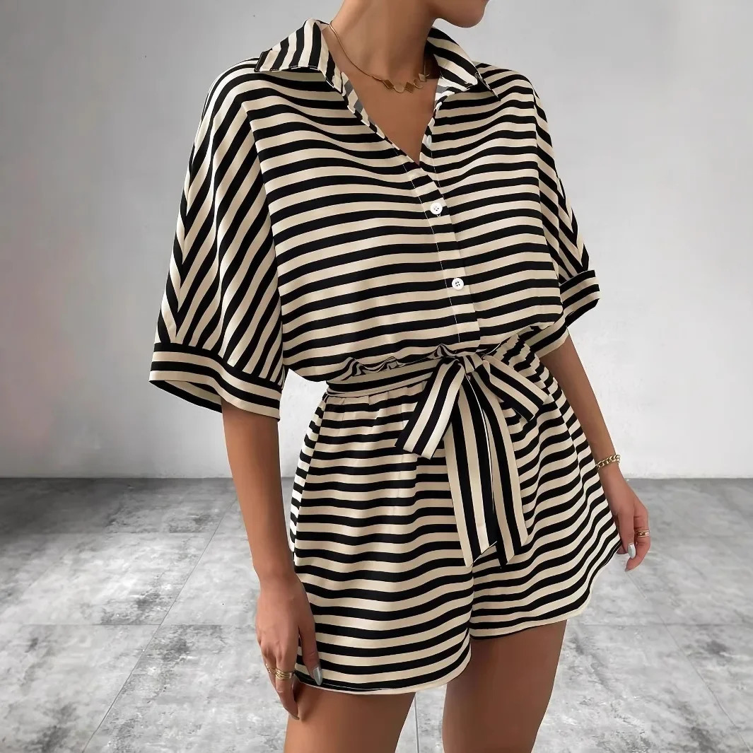 Plus Size Summer plus Size Striped Button up Loose Shorts Set Two Piece Outfit Versatile Large Size Polyester Fiber Womens E 251204